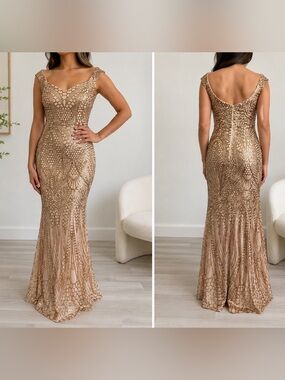 Gold Sequin Mermaid Formal Dress XL Wedding Guest Gala Prom